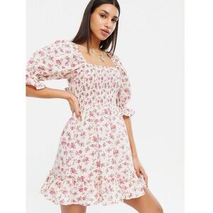 New Direction White Pink Floral Shirred Frill Tie Bow Back Smock Mini Dress